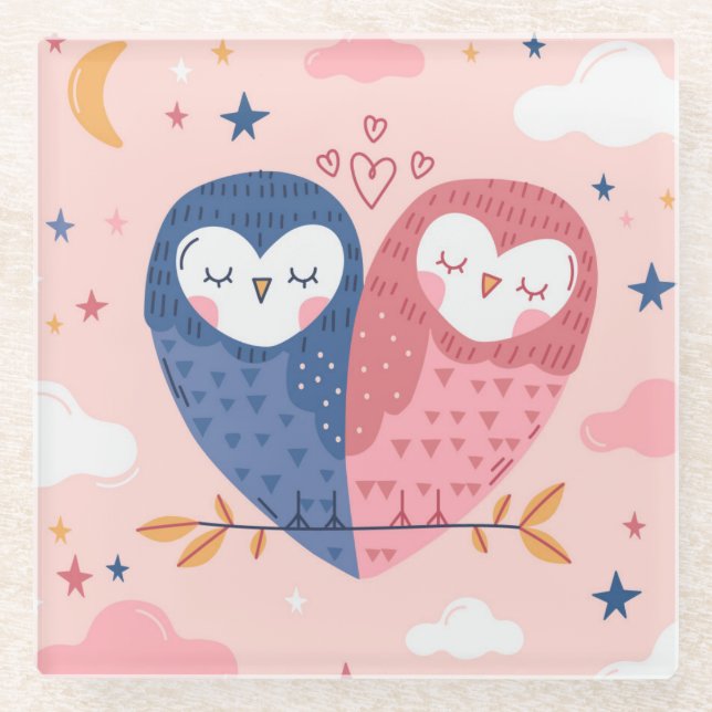Posavasos De Vidrio Cute Owls Glass Coaster (Anverso)