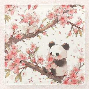 Posavasos De Vidrio Cute Panda & Bunny Cerezo en Flor Soporte de Vaso