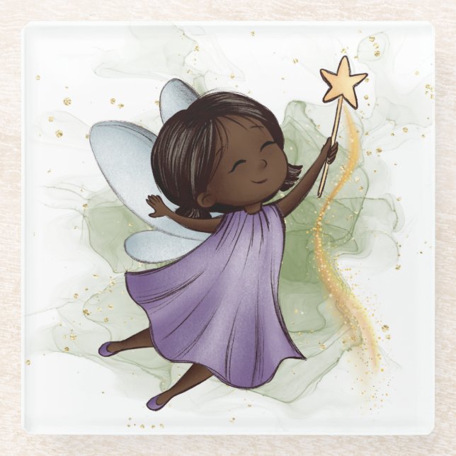 Posavasos De Vidrio Cute Purple Fairy Holding Star Wand (Anverso)