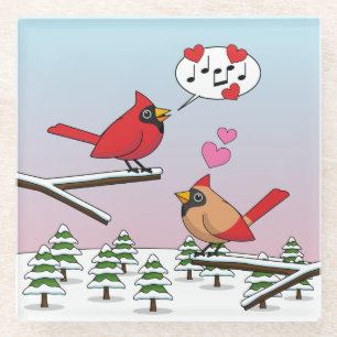 Posavasos De Vidrio Cute Red Northern Cardinals aman el paisaje invern