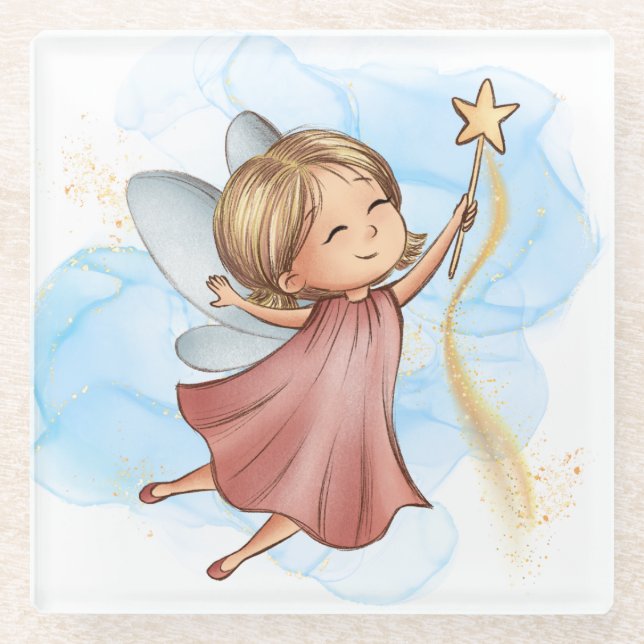 Posavasos De Vidrio Cute Rosa Fairy Holding Star Wand (Anverso)
