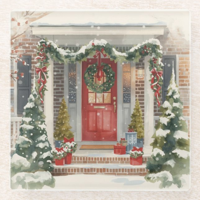 Posavasos De Vidrio Cute Snowy Christmas Porch  (Anverso)