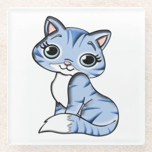 POSAVASOS DE VIDRIO CUTE SONRIENDO LA KITTEN AZUL DE CIELO AZUL CON OJ