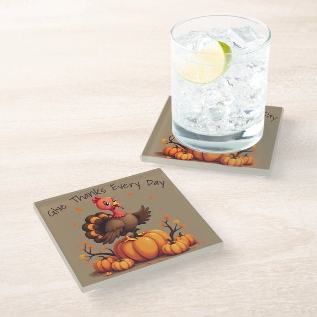 Posavasos De Vidrio Cute Thanksgiving Turkey Autumn Pumpkins Scene (Angular)