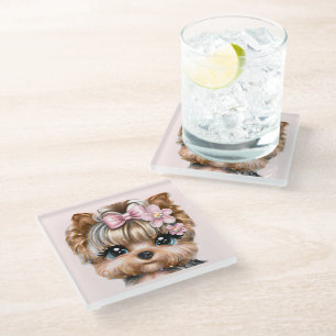 Posavasos De Vidrio Cute Yorkie con un compadre rosado