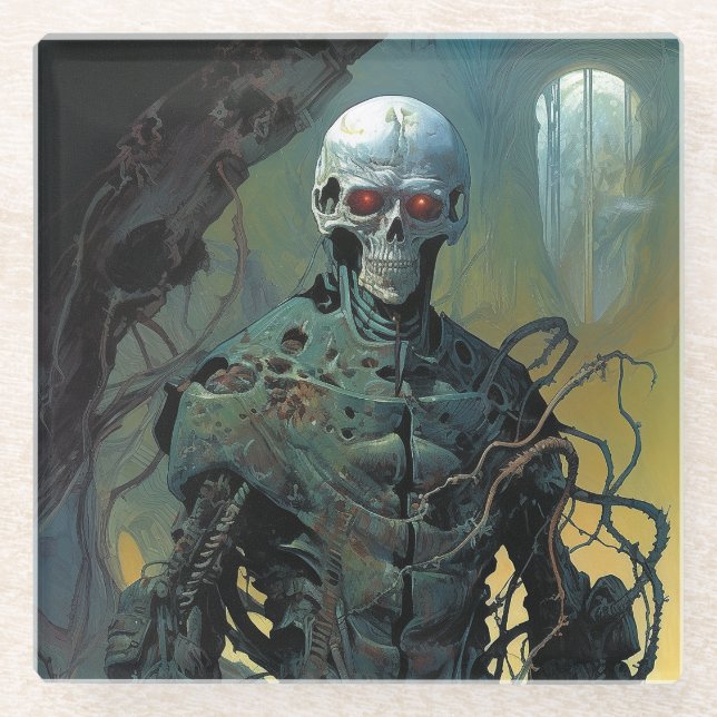 Posavasos De Vidrio Cyborg Skeleton Futurista ciencia ficción (Anverso)