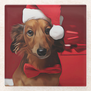 Posavasos De Vidrio Dachshund Sentado Frente A Un Regalo De Navidades