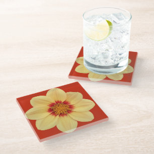 Posavasos De Vidrio Dahlia amarilla en flor roja