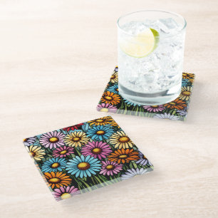 Posavasos De Vidrio Daisies vibrantes bohemias - Aspecto de vidrio man