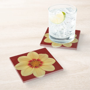 Posavasos De Vidrio Dalia amarilla sobre floral rojo ladrillo