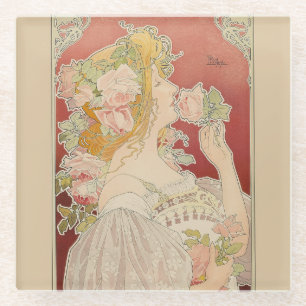 Posavasos De Vidrio Dama Art Nouveau Belle Époque Rosas Livemont