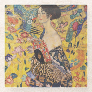 Posavasos De Vidrio Dama Art Nouveau Vintage con pintura de abanico