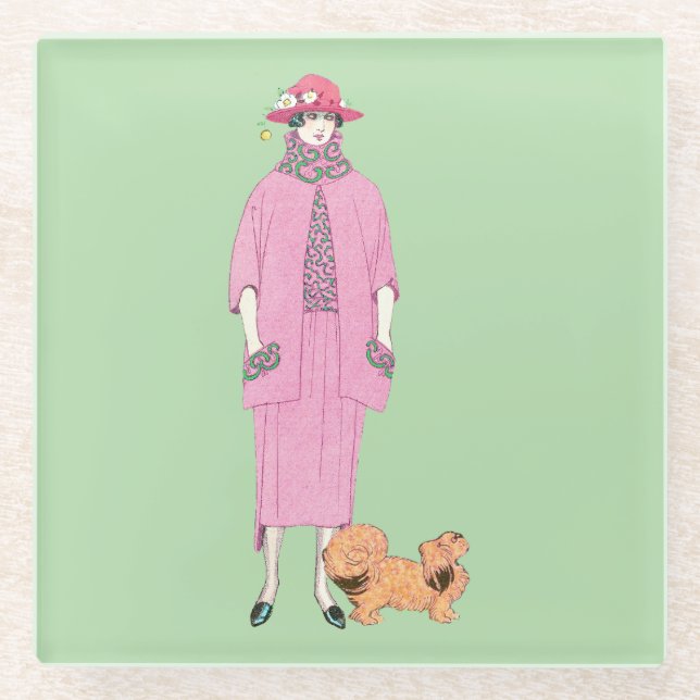 Posavasos De Vidrio Dama de Ilustracion de moda y perro pekingés de lo (Anverso)