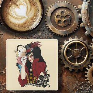 Posavasos De Vidrio Dama Victoriana Roja Steampunk Pulpo Vintage