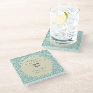 Posavasos De Vidrio Damasco Azul Y Beige Pastel. 50.º aniversario