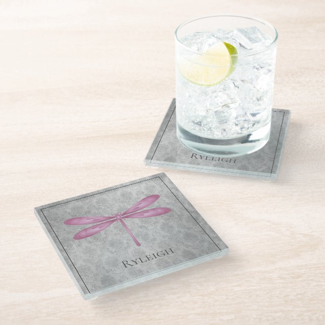 Posavasos De Vidrio Damasco de la libélula magenta (Angular)