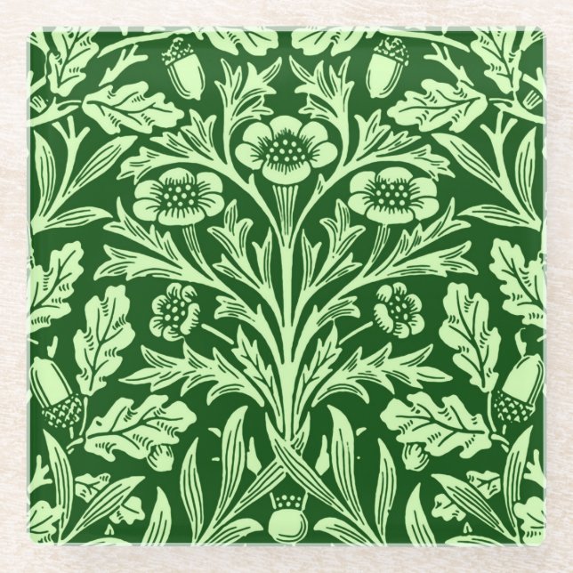 Posavasos De Vidrio Damasco floral de Art Nouveau, verde esmeralda (Anverso)