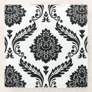 Posavasos De Vidrio Damasco Rococó Patrón Grande Negro sobre Blanco