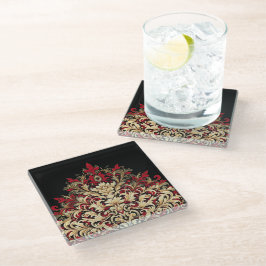 Posavasos De Vidrio Damasco Rojo Oro y Negro 