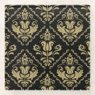 Posavasos De Vidrio Damask Black Gold: Ornamento clásico.
