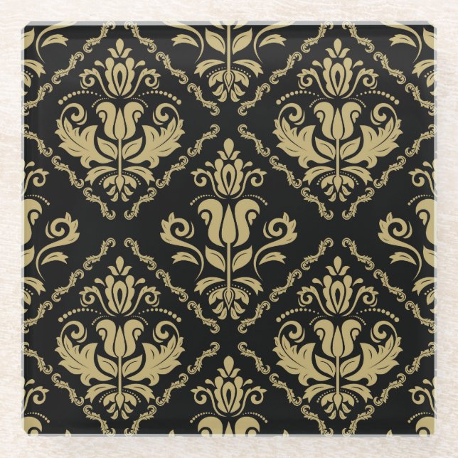 Posavasos De Vidrio Damask Black Gold: Ornamento clásico. (Anverso)
