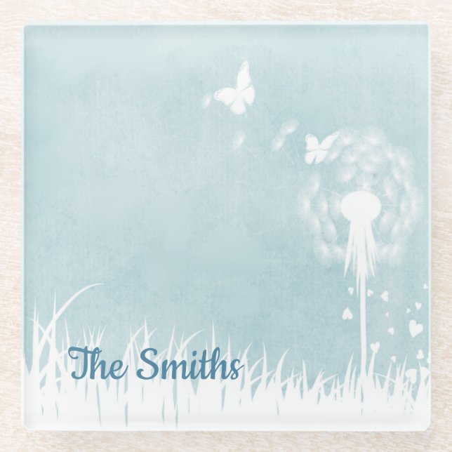 Posavasos De Vidrio Dandelions, mariposas y cielos azules (Anverso)