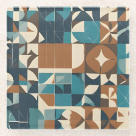 Posavasos De Vidrio Dark Blue, Teal, Brown, and Tan Geometric Pattern