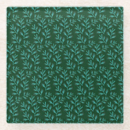 Posavasos De Vidrio  Dark Green Background with Teal Botanical Leaves