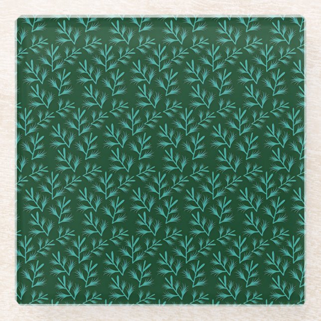 Posavasos De Vidrio  Dark Green Background with Teal Botanical Leaves (Anverso)