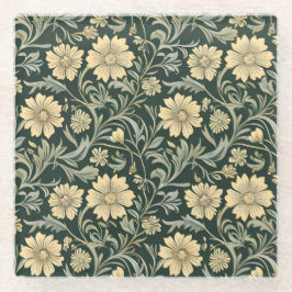 Posavasos De Vidrio Dark green stylized yellow flowers  pattern 
