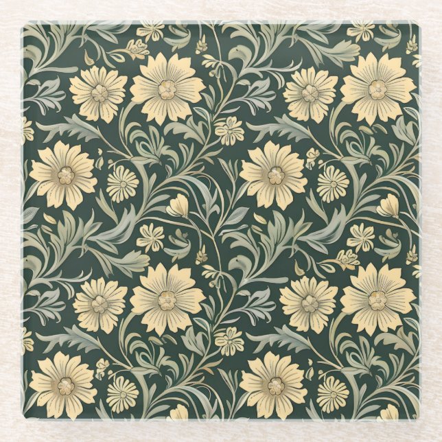 Posavasos De Vidrio Dark green stylized yellow flowers  pattern  (Anverso)