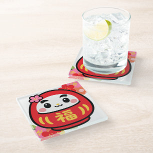 Posavasos De Vidrio Daruma Kawaii Japonés