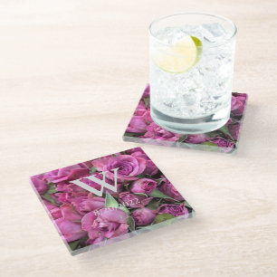 Posavasos de vidrio de rosas con monograma elegant