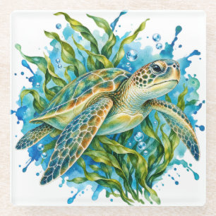 Posavasos de vidrio de tortuga marina acuarela