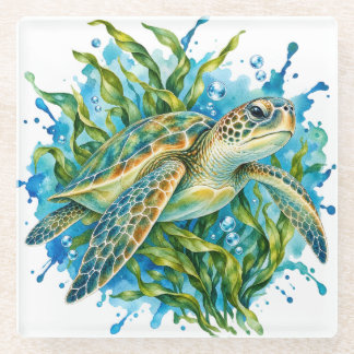 Posavasos de vidrio de tortuga marina acuarela