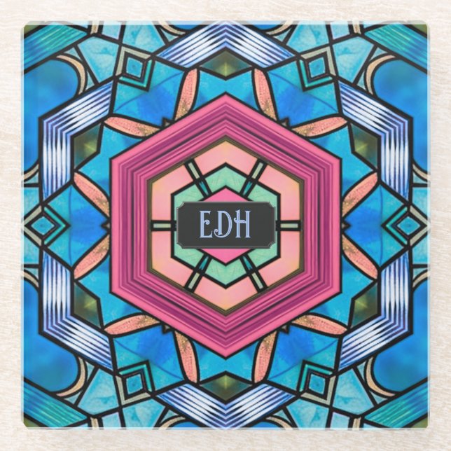 Posavasos De Vidrio Deco de Arte Geométrico Azul y Rosa con Iniciales  (Anverso)