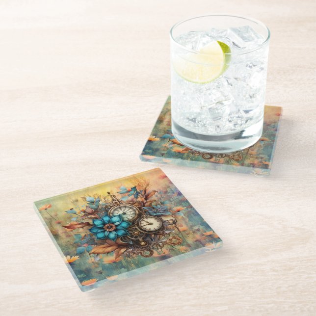 Posavasos De Vidrio Decoración Floral Steampunk (Angular)