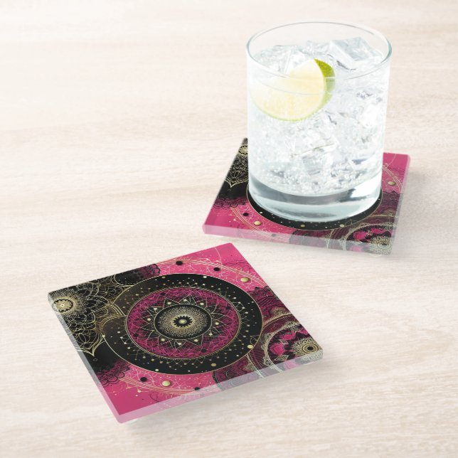 Posavasos De Vidrio Decorative Mandala Pink and Black  (Angular)