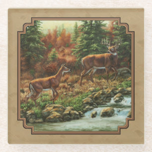 Posavasos De Vidrio Deer and Stream Waterfall Tan