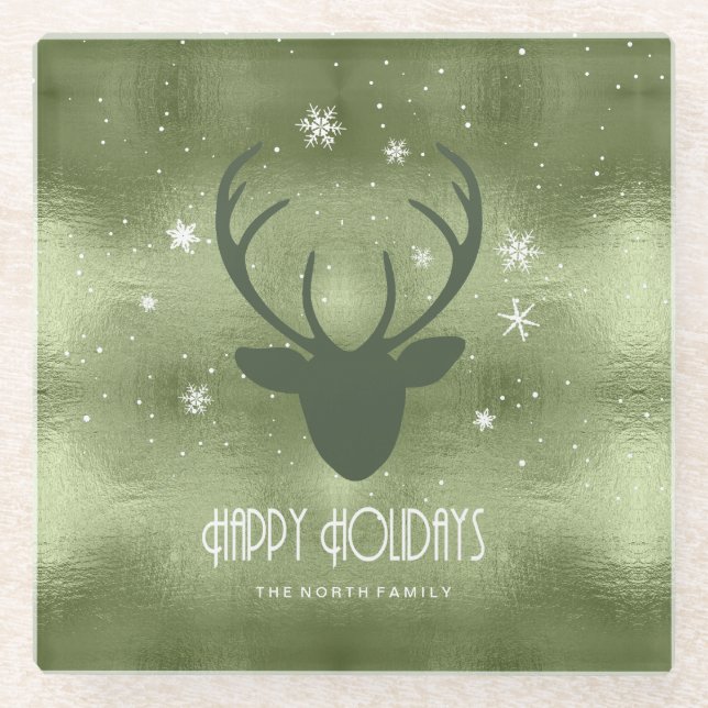 Posavasos De Vidrio Deer Antlers Silhouette & Snowflakes Green ID861 (Anverso)