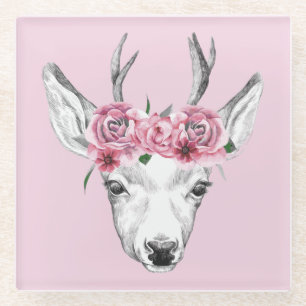 Posavasos De Vidrio Deer de flores de color agua