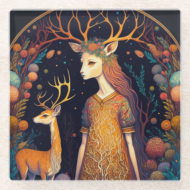 Posavasos De Vidrio Deer Lady Fantasy Art Glass (Anverso)