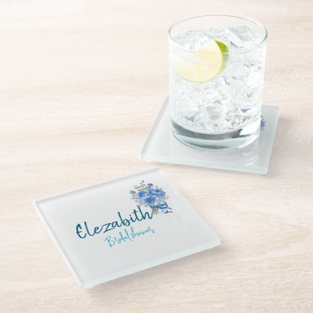 Posavasos De Vidrio Despedida de Soltera Personalizada con Flores Azul (Angular)