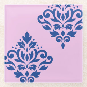Posavasos De Vidrio Desplazar el arte de Damask I azul sobre rosa