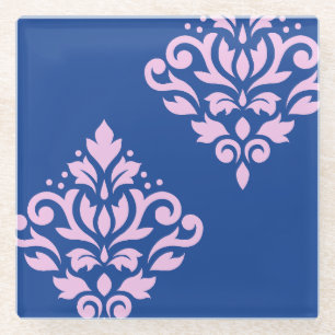 Posavasos De Vidrio Desplazar el arte de Damask I rosado en azul