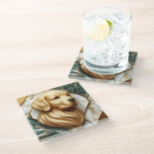 Posavasos De Vidrio Detalle lujoso de mármol de Golden Retriever