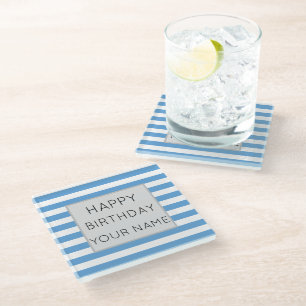 Posavasos De Vidrio Día De Aniversario Feliz Con Rayas Azules Y Blanca