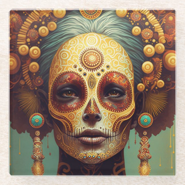 Posavasos De Vidrio Día De La Muerta Azúcar Crátera Mujer (Anverso)