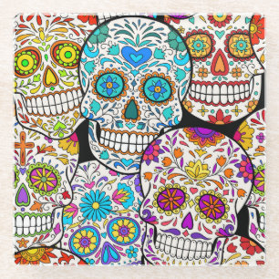 Posavasos De Vidrio Día de los Muertos: Vibrantes patrones mexicanos.