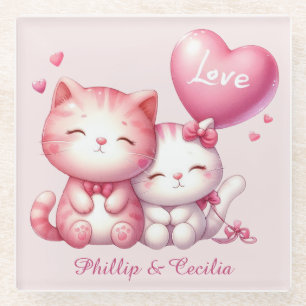 Posavasos De Vidrio Día de San Valentín Cute Pareja de Gato Gato Gato